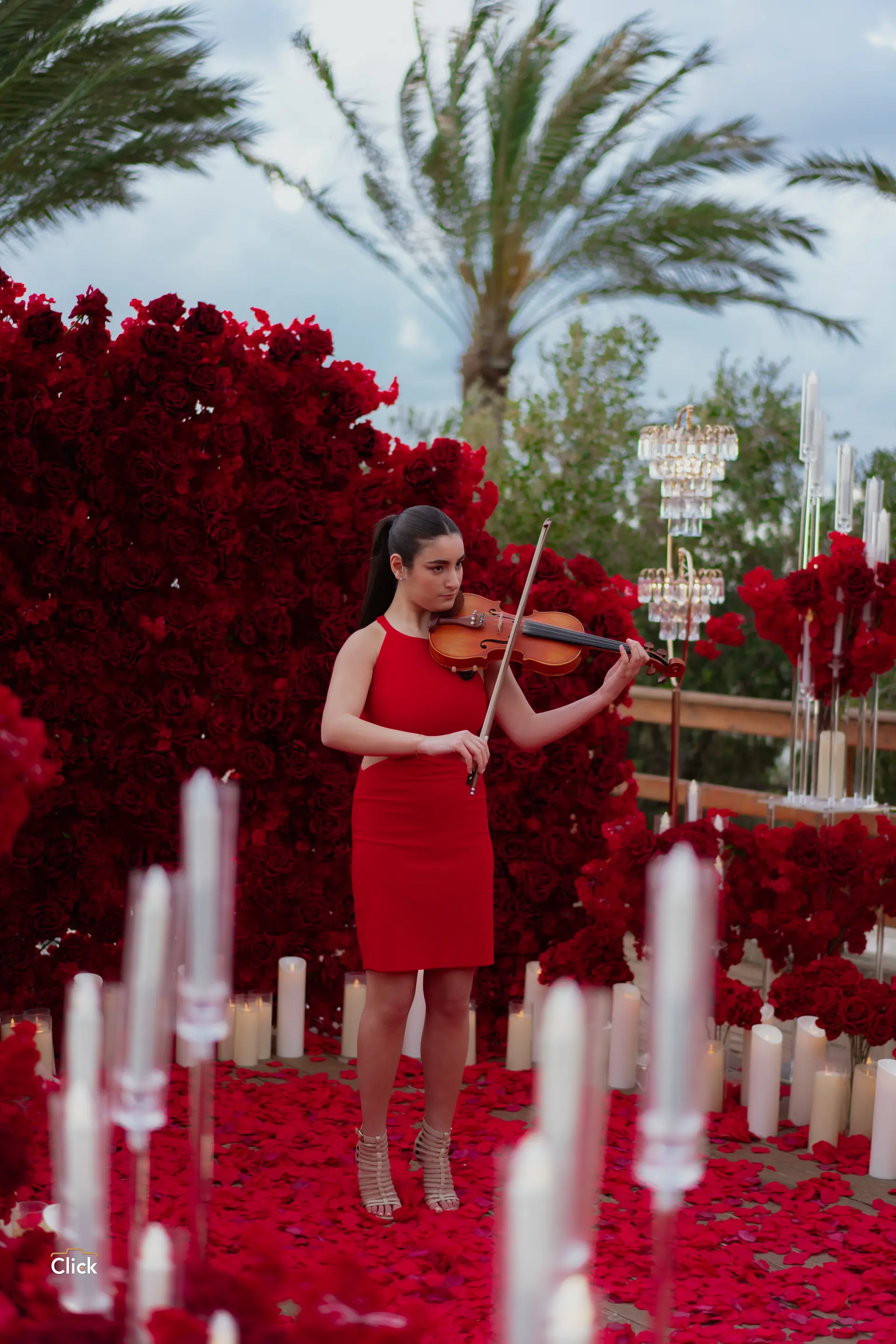 Violinist performing within a candlelit red floral proposal setting by the sea.